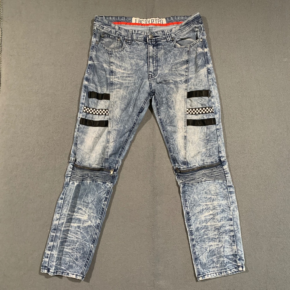 Encrypted Biker Jeans Mens 36 Acid Wash Moto Ribbed Knee Checkerboard Streetwear